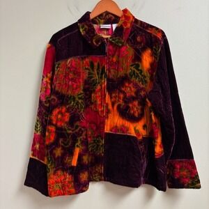 Chico's Womens Velvet Patchwork Quilted Zip Jacket Size 3 XL Artsy Silk Blend